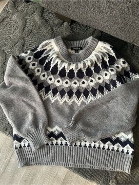 Ann Taylor Grey and Navy Fair Isle Crewneck Sweater
